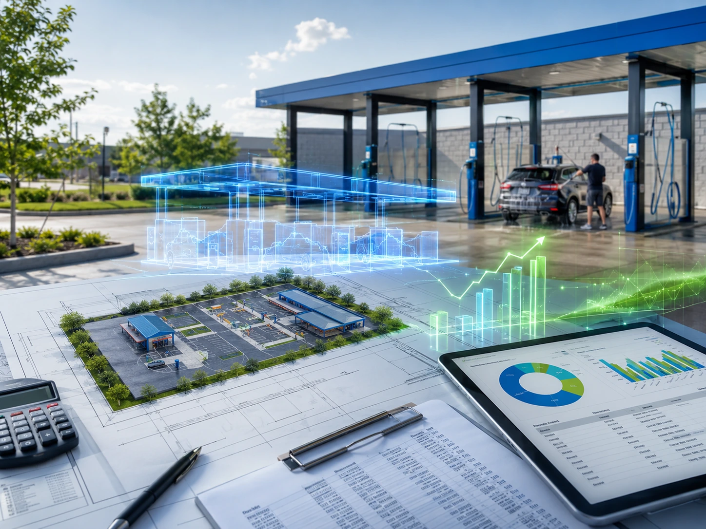Koszt budowy myjni bezdotykowej: projekt, PZT, przyłącza i roboty budowlane.