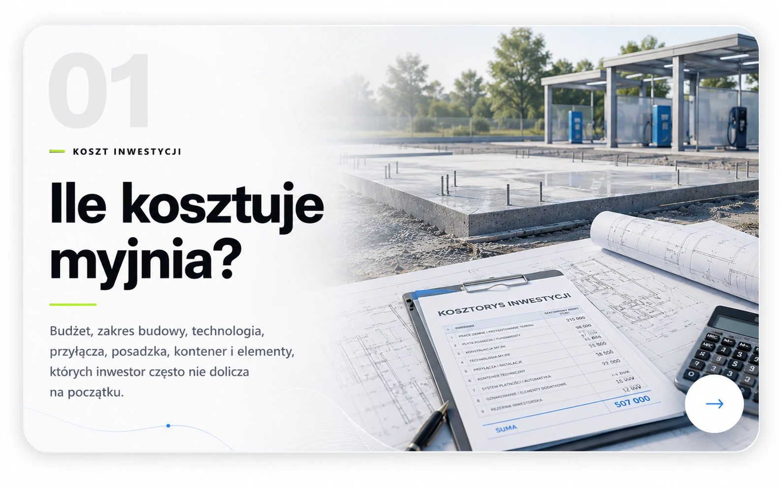 Ile kosztuje myjnia bezdotykowa — koszt inwestycji, budowa, technologia, przyłącza i posadzka.